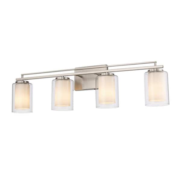 Lisbon 32 in. 4-Light Brushed Nickel Bathroom Vanity Light Fixture with Clear Glass Outer and Opal Glass Inner Shades