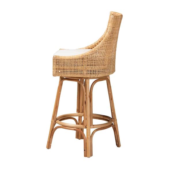 Bella 43.3 in. White and Natural Brown Rattan Frame Bar Stool