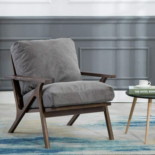 Mid Century Modern Accent Armchair Grey Fabric Upholstery Solid Wood Frame