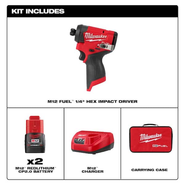 M12 FUEL 12V Lithium-Ion Brushless Cordless 1/4 in. Hex Impact Driver Kit w/Two 2.0Ah Batteries, Charger&Soft Case