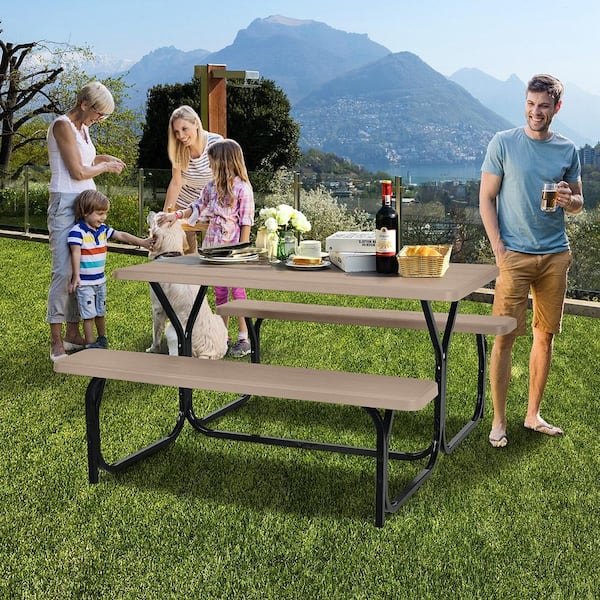 54 in. Picnic Table Bench Set Outdoor Backyard Garden Party Dining All Weather Brown