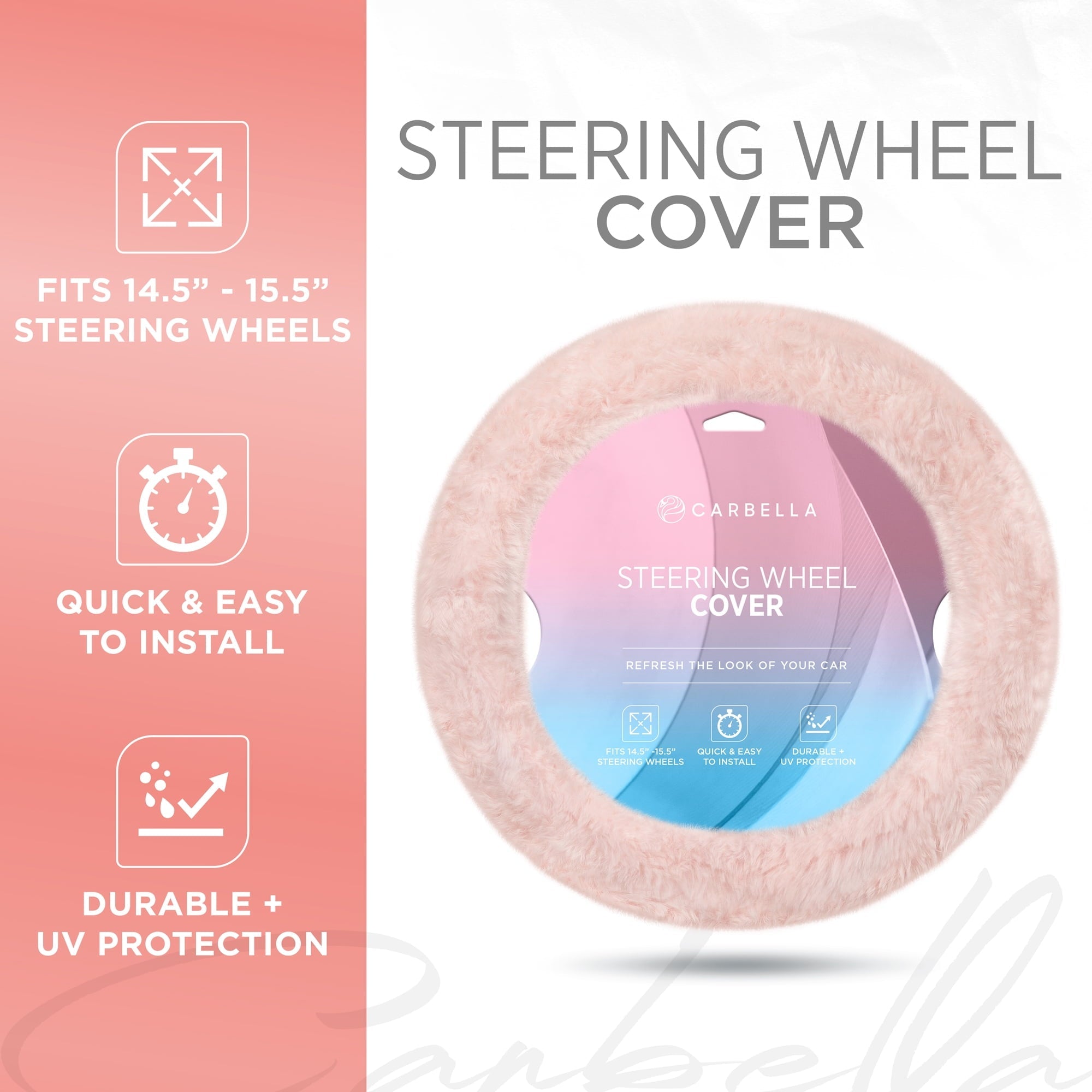 Carbella Soft Pink Faux Fur Steering Wheel Cover for Women, Standard 15 Inch Size Fits Cars Trucks SUV