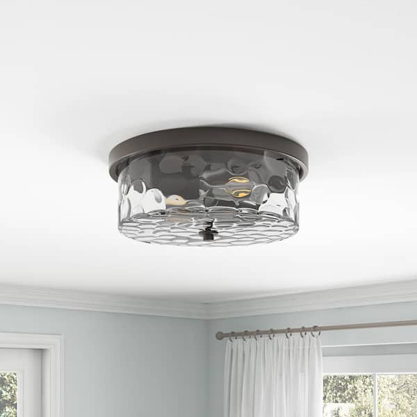 13 in. 2-Light Farmhouse Oil Rubbed Bronze Drum Flush Mount Ceiling Light Fixture with Water Ripple Glass Shade