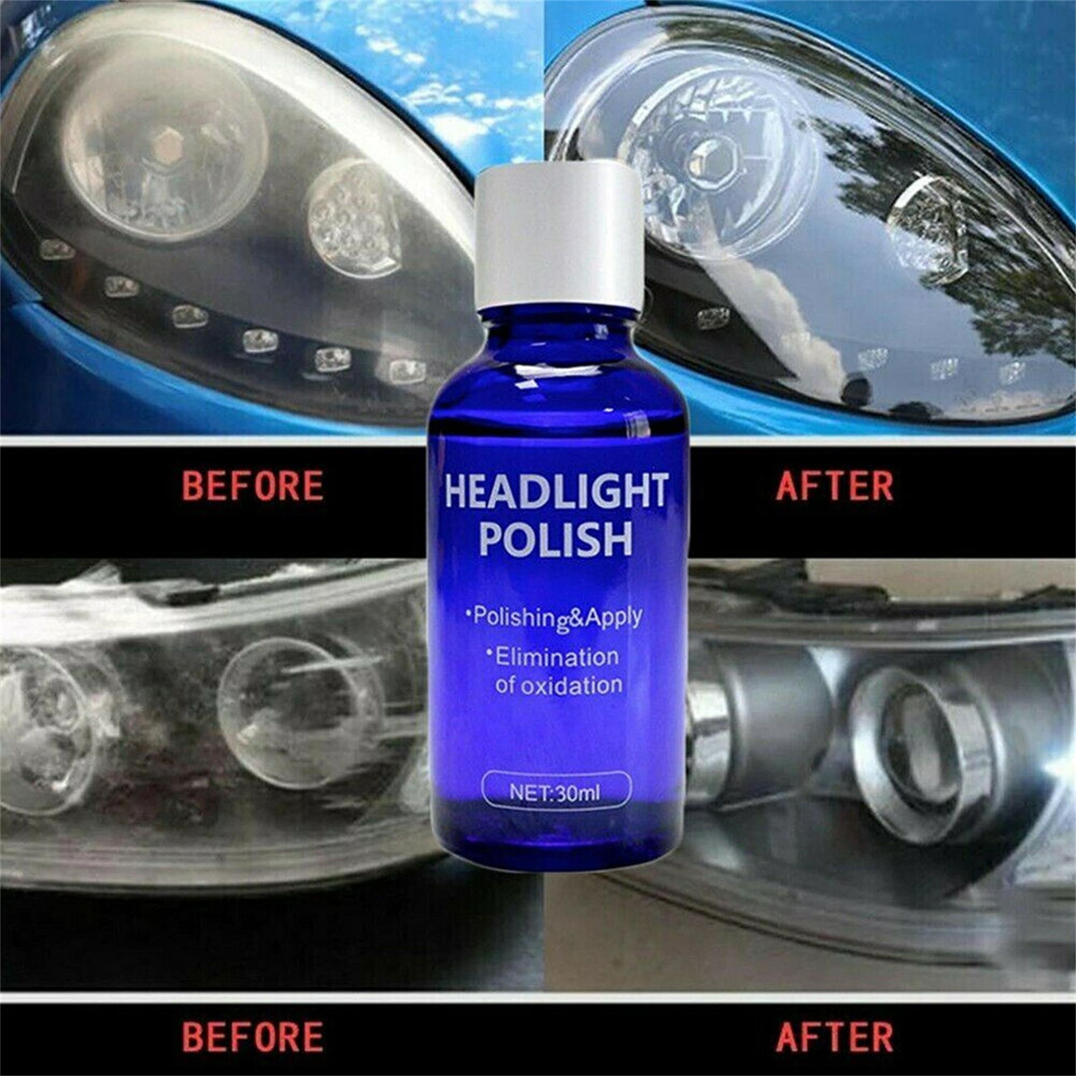 Car Headlight Cover Lens Restorer Repair Liquid, Polish Cleaner Kit, Restoring Beam Output(30ml)
