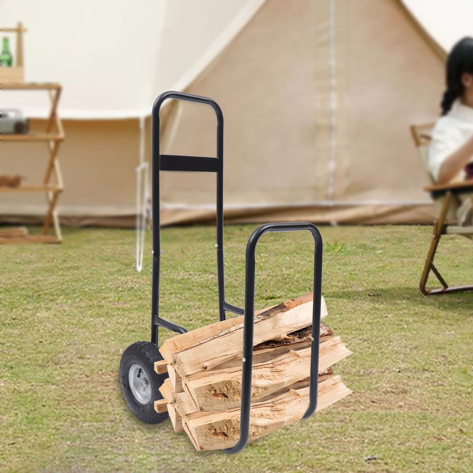 Wuzstar Firewood Log Rack Cart Carrier,Rolling Wheeled Metal Dolly Hauler Outdoor Transporting and Storing Wood Equipment