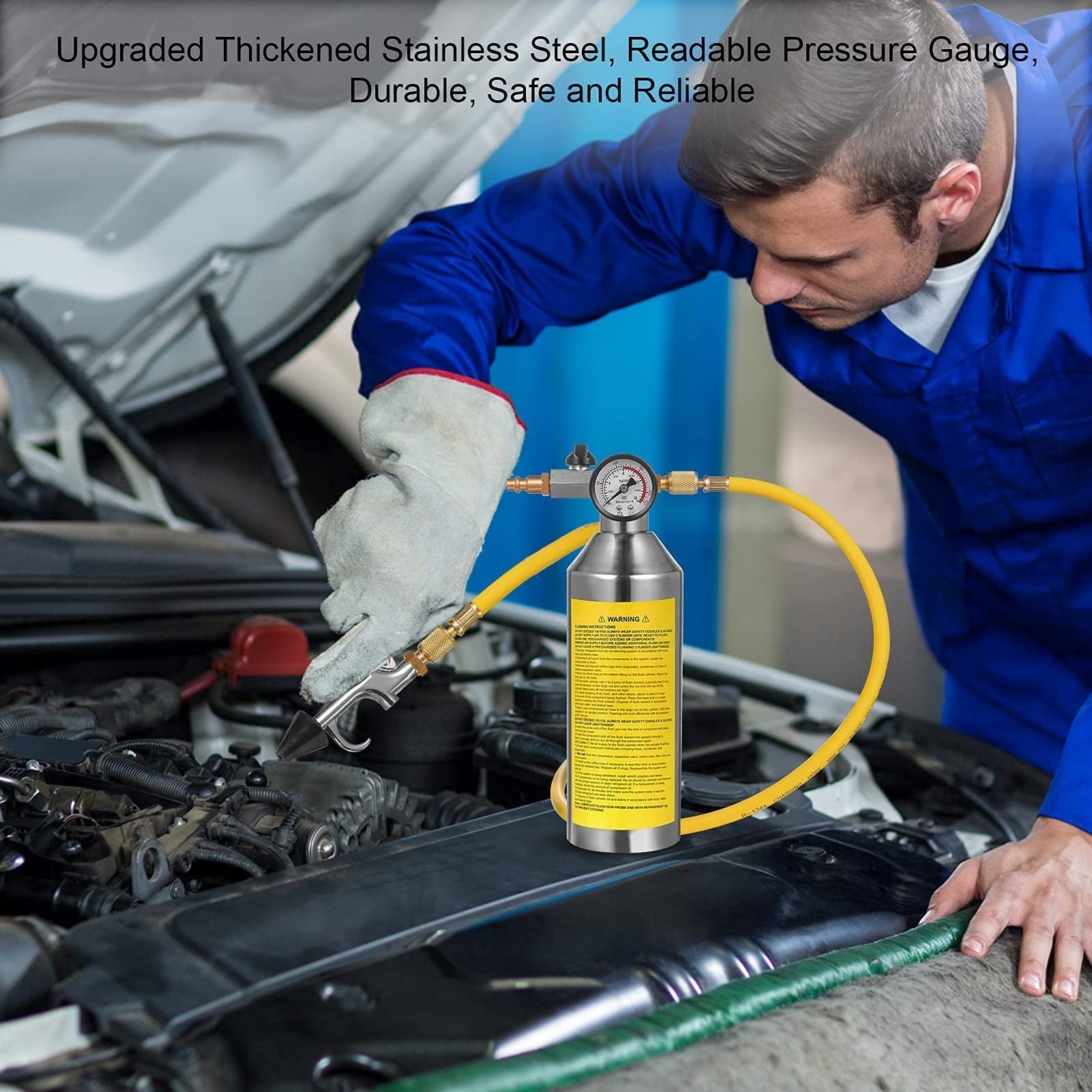 Furvclv AC Flush Kit, Car Air Conditioner System Clean Canister Flushing Tool Set Air Conditioning Pipe Cleaning Bottle for Auto R12 R22 R134A R404 R410A with 220PSI Gauge, Air Plug Fittings and Hose