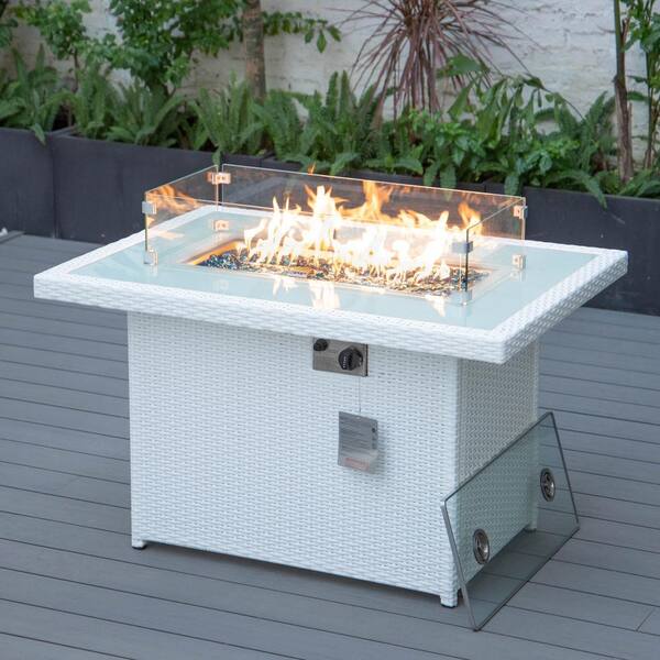 Mace 44 in. White Modern Wicker 55,000 BTU Propane Patio Fire Pit Table with Lid and Fire Glass