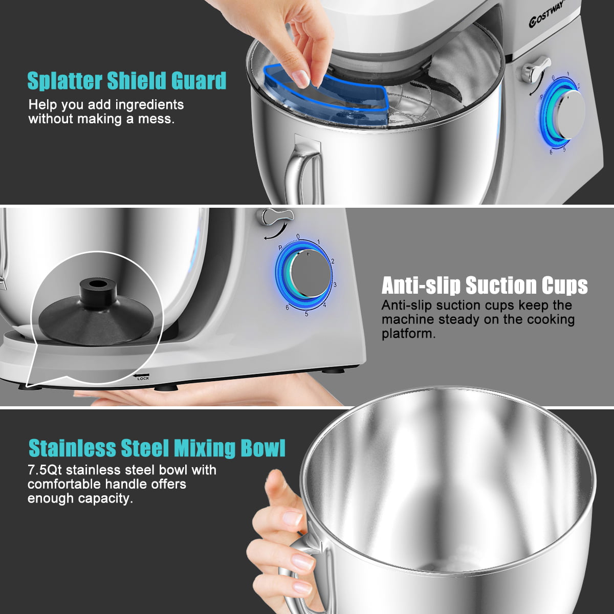Costway Tilt-Head Stand Mixer 7.5 Qt 6 Speed 660W with Dough Hook, Whisk & Beater Silver