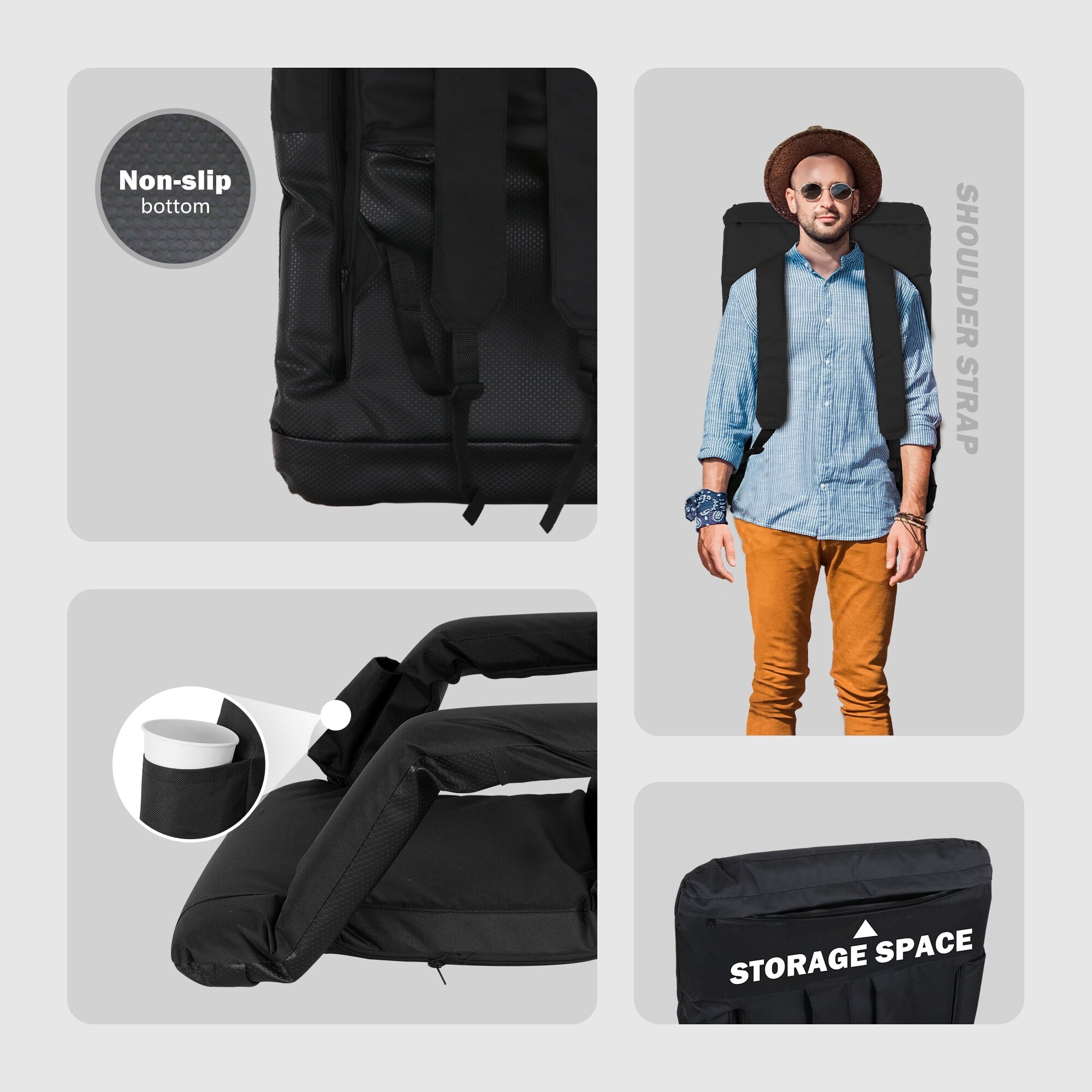 ZenSports 2 Pack Stadium Chair Seat for Bleachers 6 Reclining Positions - Black