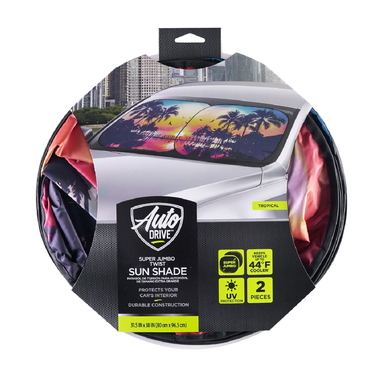 Auto Drive 2 Piece Universal Fit Most Vehicles' Windshield Super Jumbo Tropical Twist Sun Shade, 31.5