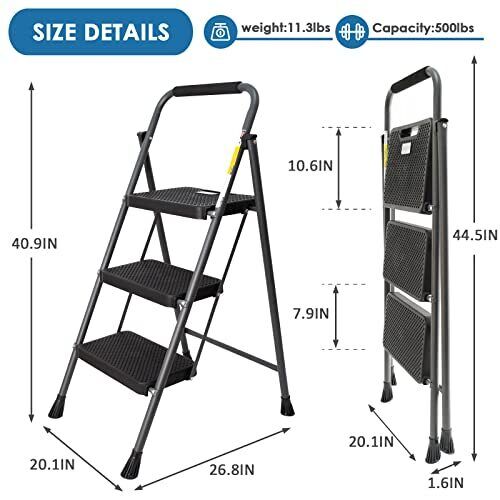 3 Step Ladder Folding Step Stool With Antislip Wide Pedal Convenient Handgrip An