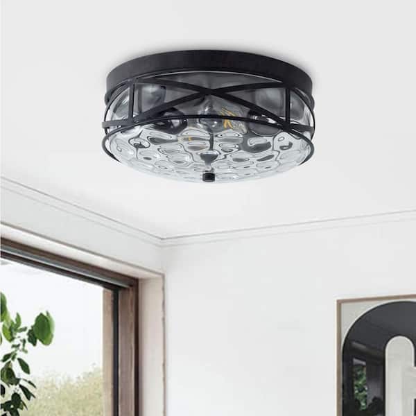 11.4 in. 2-Light Farmhouse Flush Mount Ceiling Light Fixture with Water Ripple Glass Shade