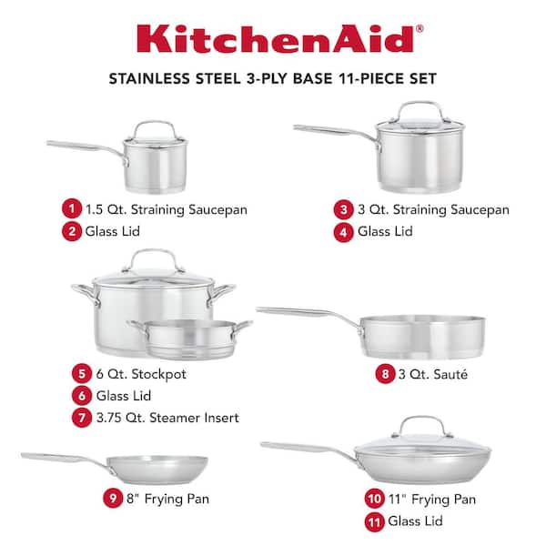 11-Piece 3-Ply Base Stainless Steel Cookware Set, Silver