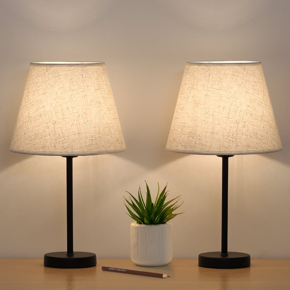 Set of 2 Haitral Modern Black Metal Bedside Lamp with White Linen Shade