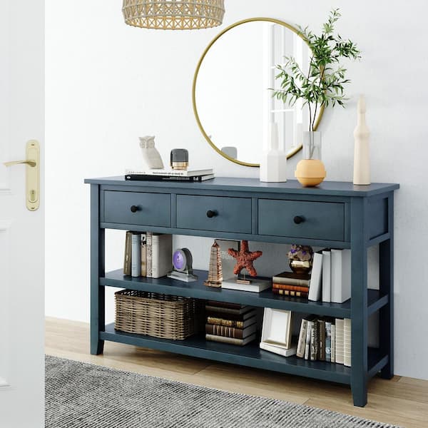 Narrow Long Console Table with 2-Tier Open Shelves, Farmhouse Entryway Table 3-Drawer Sofa Table for Living Room, Navy