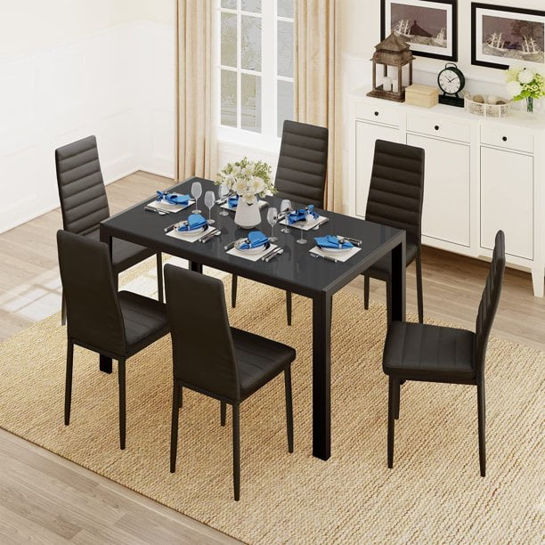 Lofka Dining Table Set for 6, Kitchen Table Set with 6 High Back Chairs, 330lbs, White