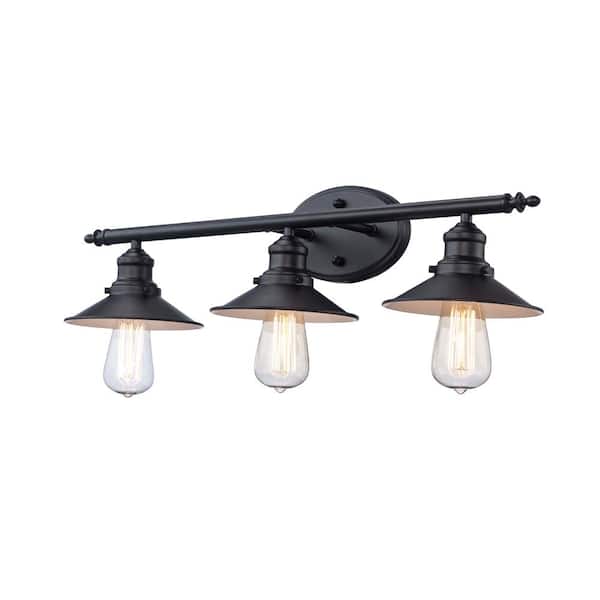 Glenhurst 25 in. 3-Light Industrial Farmhouse Black Bathroom Vanity Light Fixture with Metal Shades