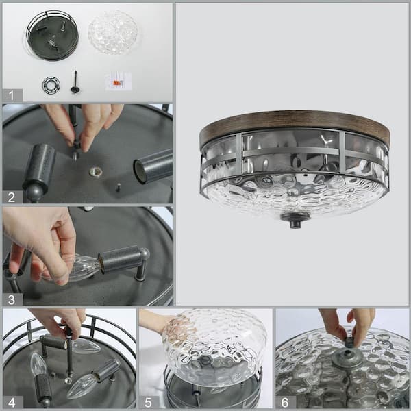 Modern Farmhouse Drum Ceiling Light 3-Light Rustic Wood Accent Flush Mount Ceiling Light with Water-Rippled Glass Shade