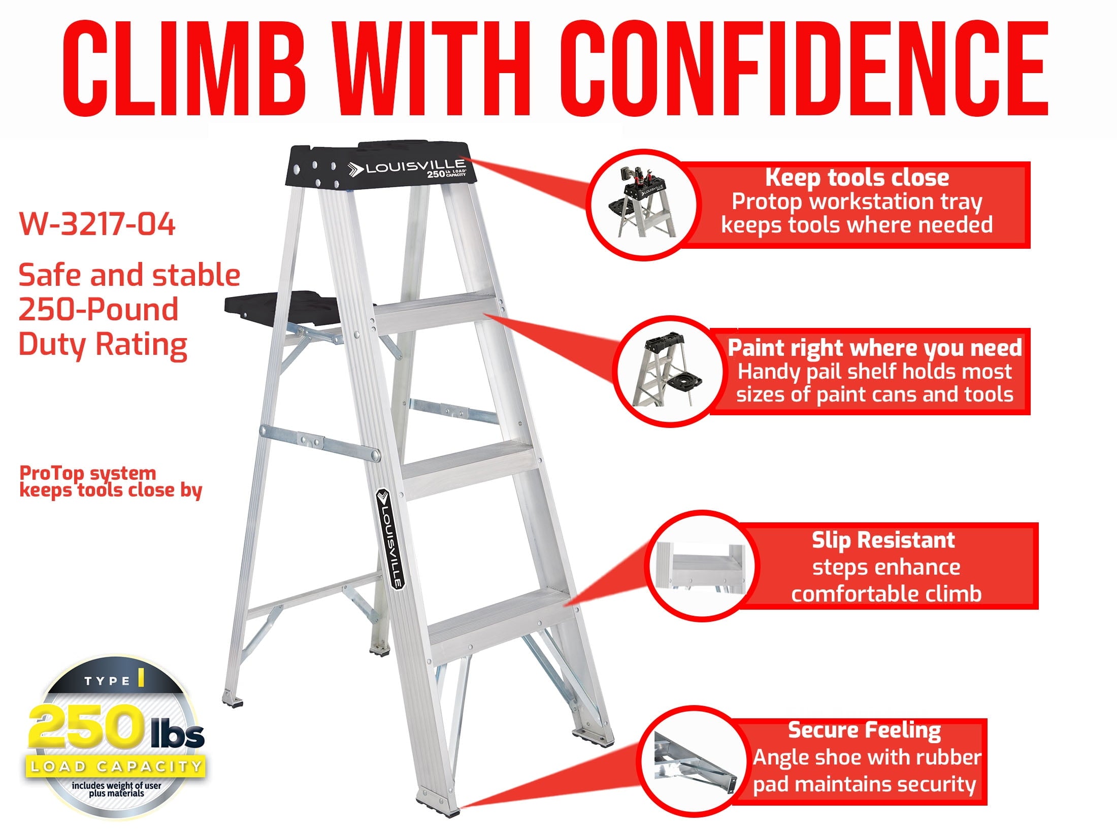 Louisville Ladder 4' Aluminum Step Ladder, 250-lb Capacity, W-2112-04S