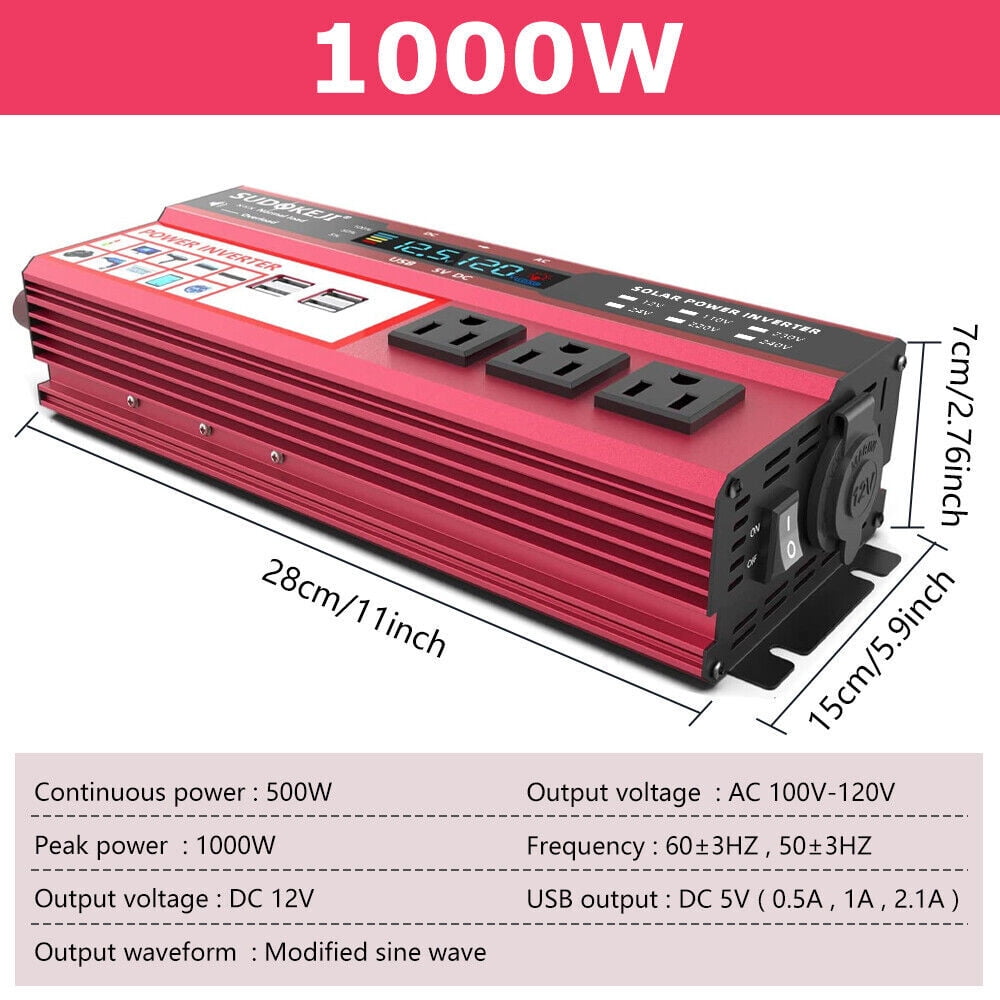 1000W Power Inverter Car Converter Adapter, 500W DC 12V to AC 110V Pure Sine Wave Solar Converter