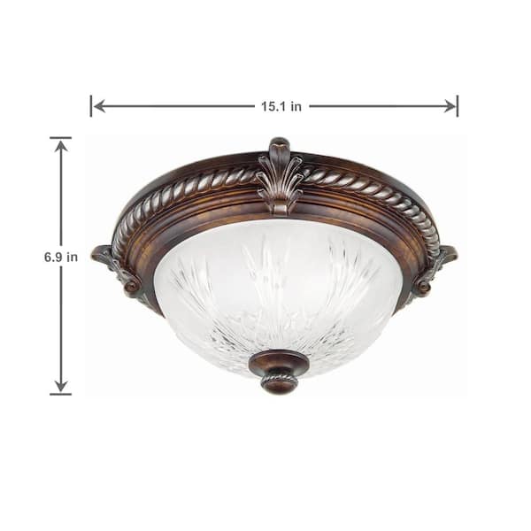 Bercello Estates 15 in. 2-Light Volterra Bronze Flush Mount with Etched Glass Shade