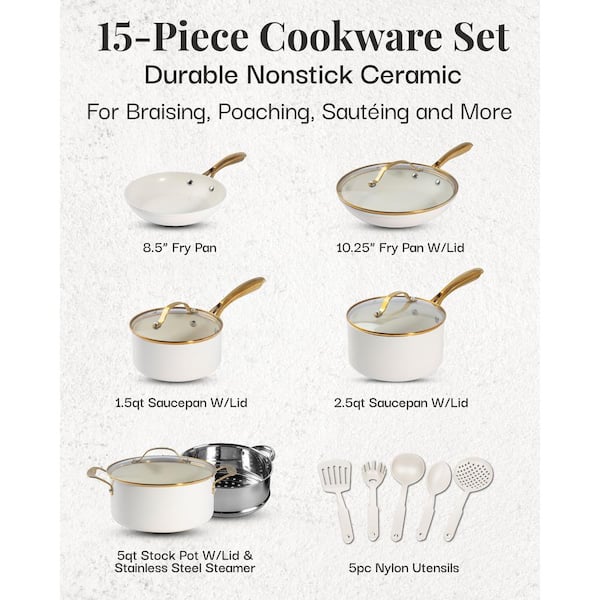Natural Collection 15-Piece Aluminum Ultra Performance Ceramic Nonstick Cookware Set in Cream with Gold Handles
