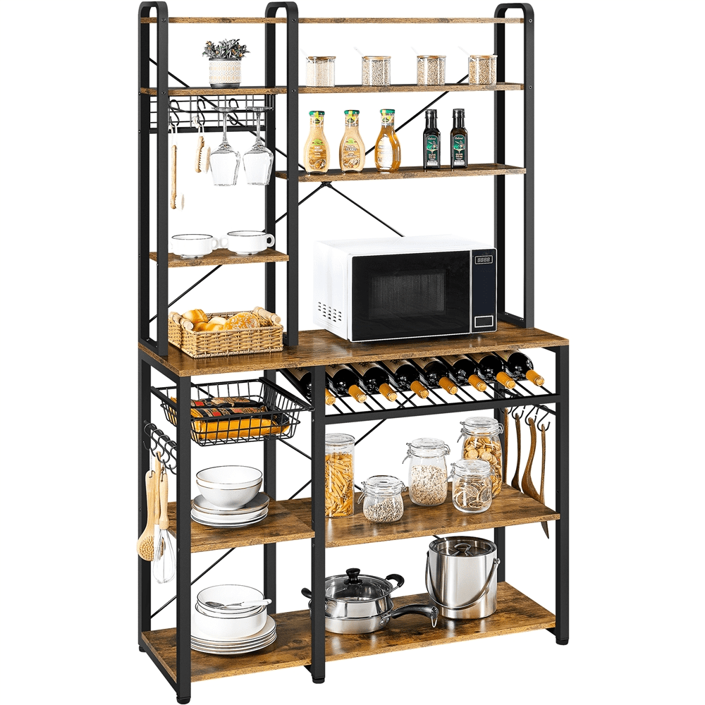 Topeakmart 71''H Industrial Baker's Rack with 12 Hooks, Wine Rack, Stemware Holder, Rustic Brown