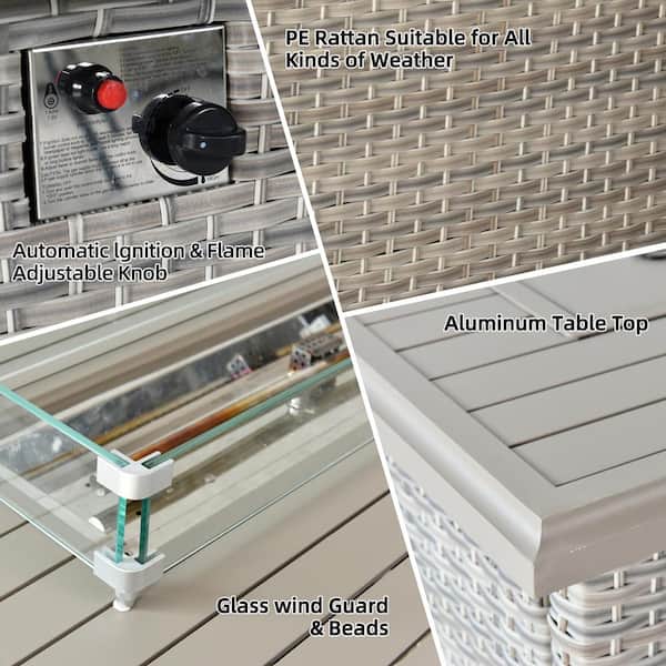 43.3 in. W Beige Brown Wicker Gas Fire Table Patio Propane Aluminium Rectangle Gas Fire Pit with Glass Wind Guard