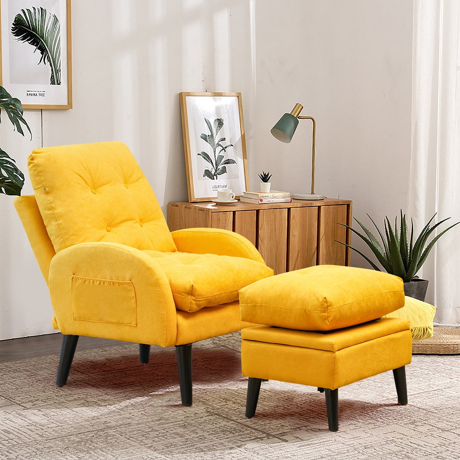 July's Song Accent Chair with Ottoman with Adjustable Backrest,Comfy Read Chair for Living Room with Side Pocket,Recliner Armchair and Ottoman for Bedroom,Yellow