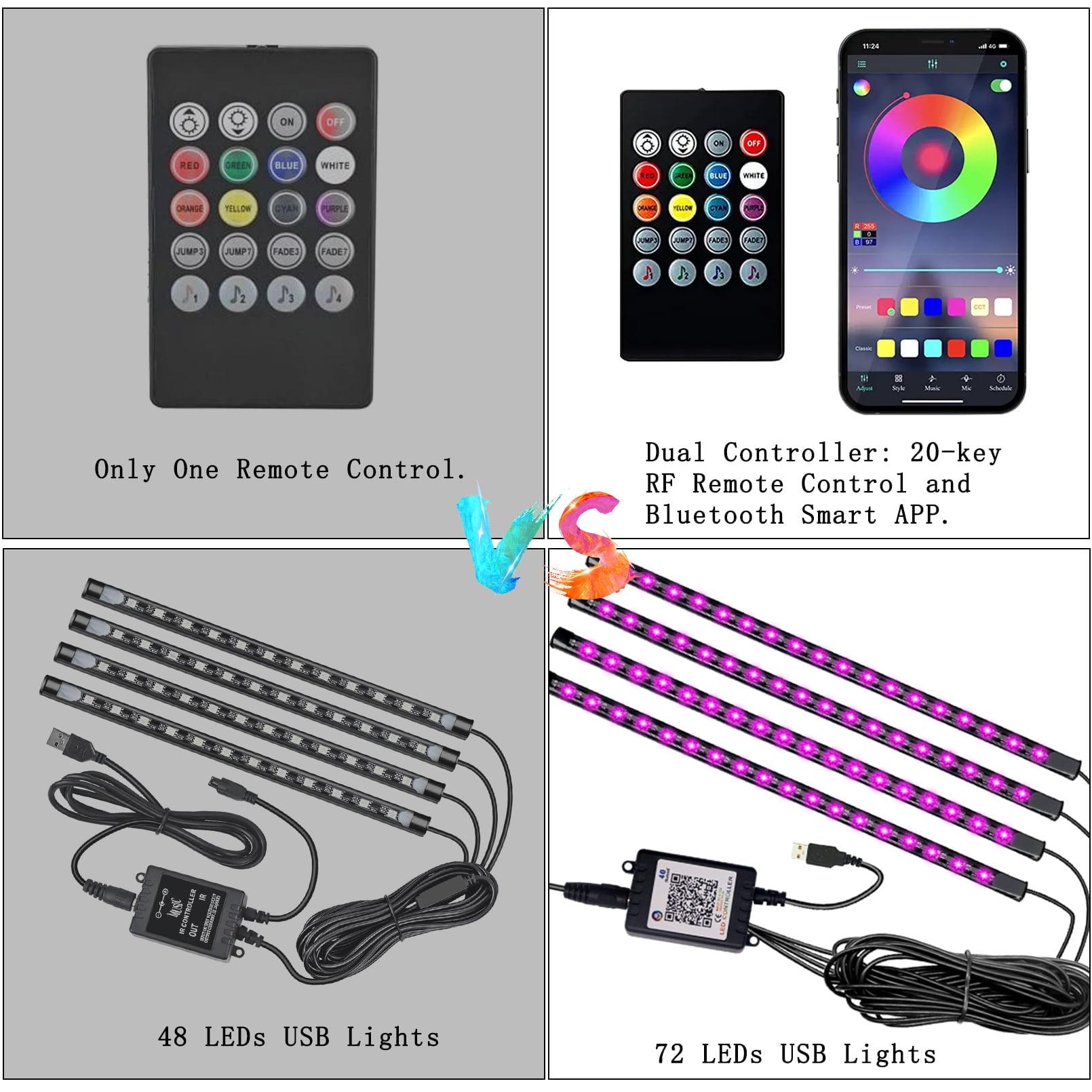 HXXF Interior Car Lights Car Accessories Car Led Lights APP Control with Remote Music Sync Color Change RGB Under Dash Car Lighting with USB Car Charger (RGB)