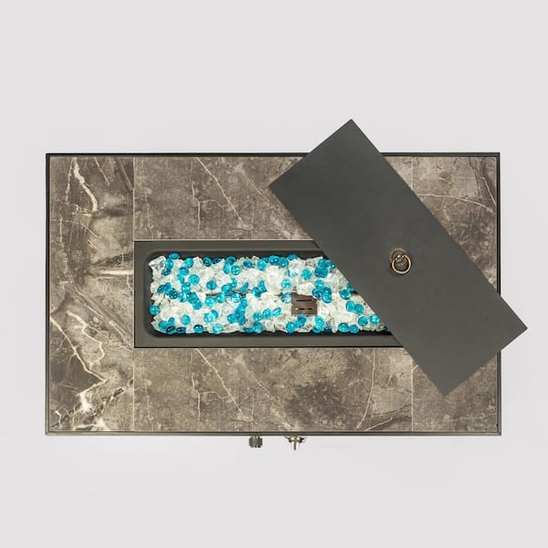 50,000 BTU Brown Rattan 32 in. Fire Table Gas Fire Pit Table with Tile Tabletop and Waterproof Rain Cover