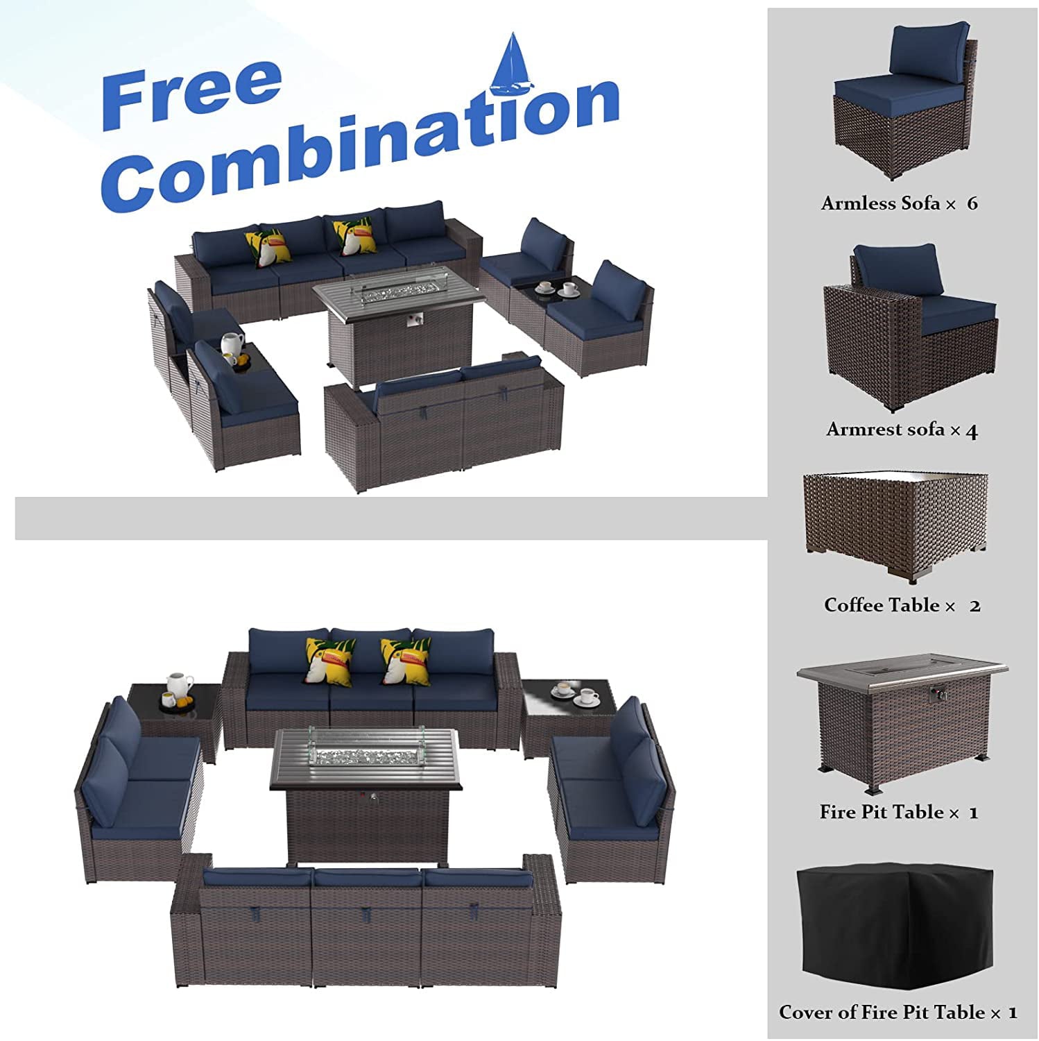 Gotland 13 Pieces Outdoor Patio Rattan Wicker Furniture Set with 43