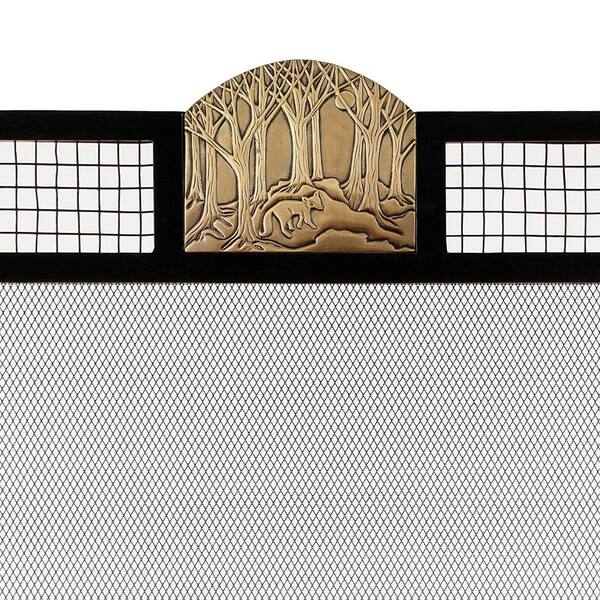 38 in. L Antique Brass and Matte Black 1-Panel Forest Fox Emblem Fireplace Screen