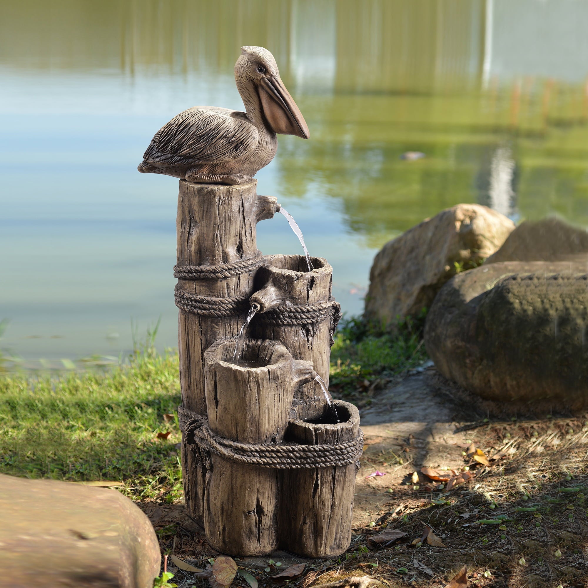 Teamson Home Outdoor Tiered Pelican and Wooden Post Waterfall Resin Fountain, Brown