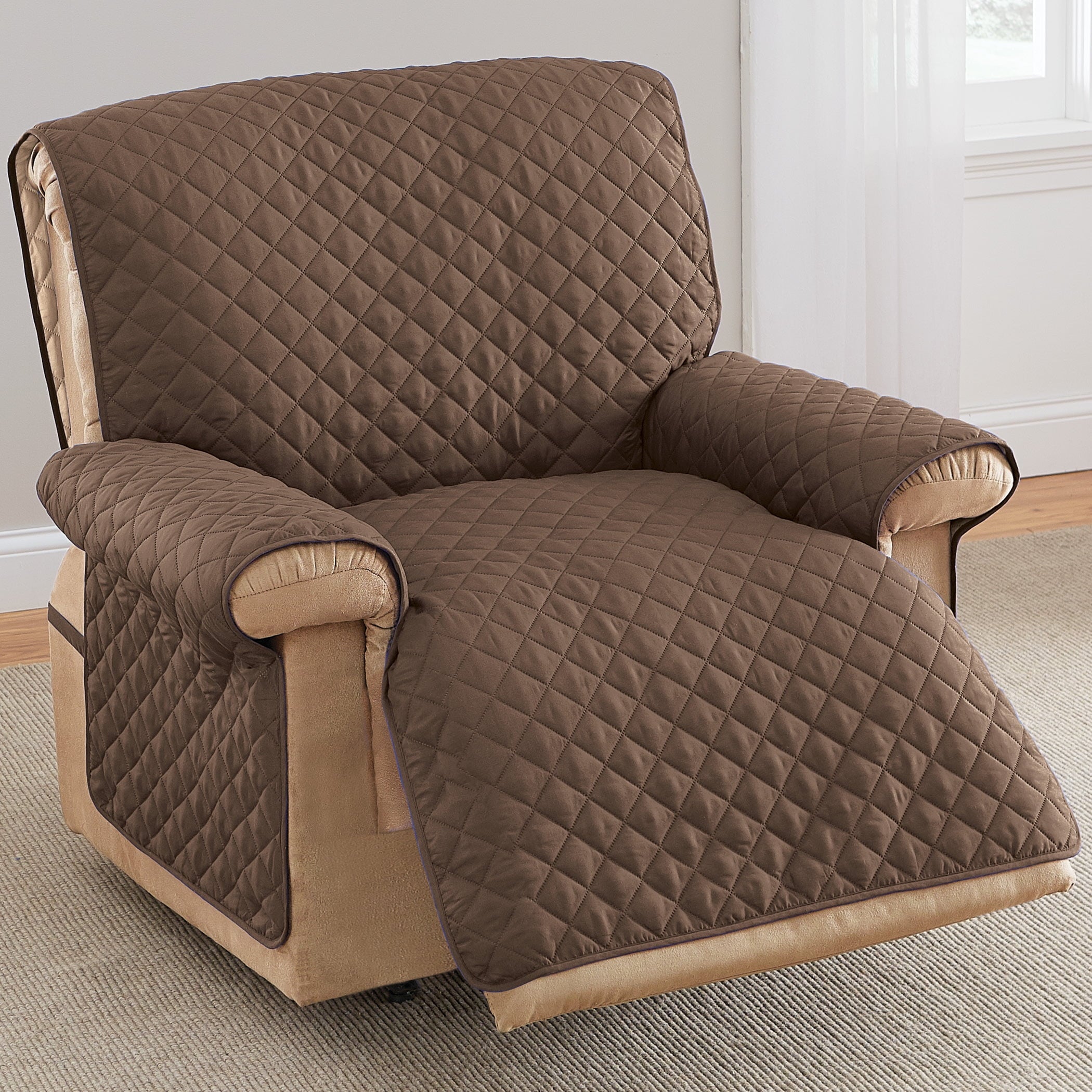 Collections Etc. Reversible Quilted Jumbo Recliner Cover, Spill-Resistant with Ties - Covers Seat Bottom, Seat Back and 2 Seat Arms (Jumbo Recliner, Chocolate/Tan)