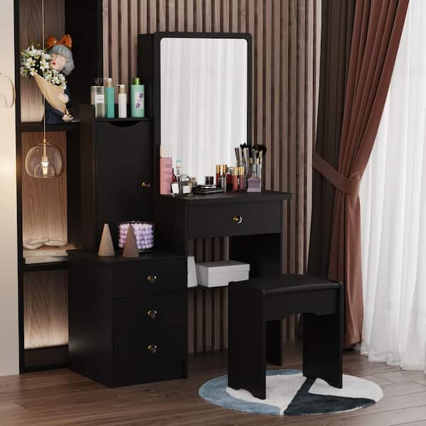 Black Wood Sliding Big Mirror Makeup Vanity Sets Dresser Table Sets With Cabinet, Storage Shelves, 4-Drawers and Stool