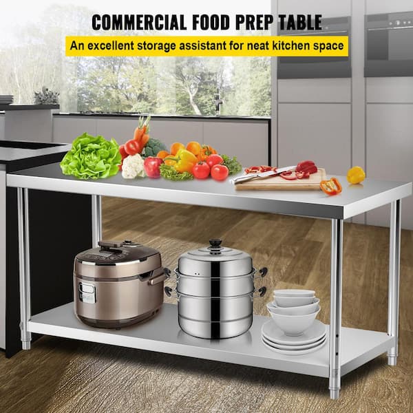 Stainless Steel Prep Table 72 in. x 30 in. x 34 in. Heavy-Duty Metal Worktable 550 lbs. Load Capacity Kitchen Prep Table