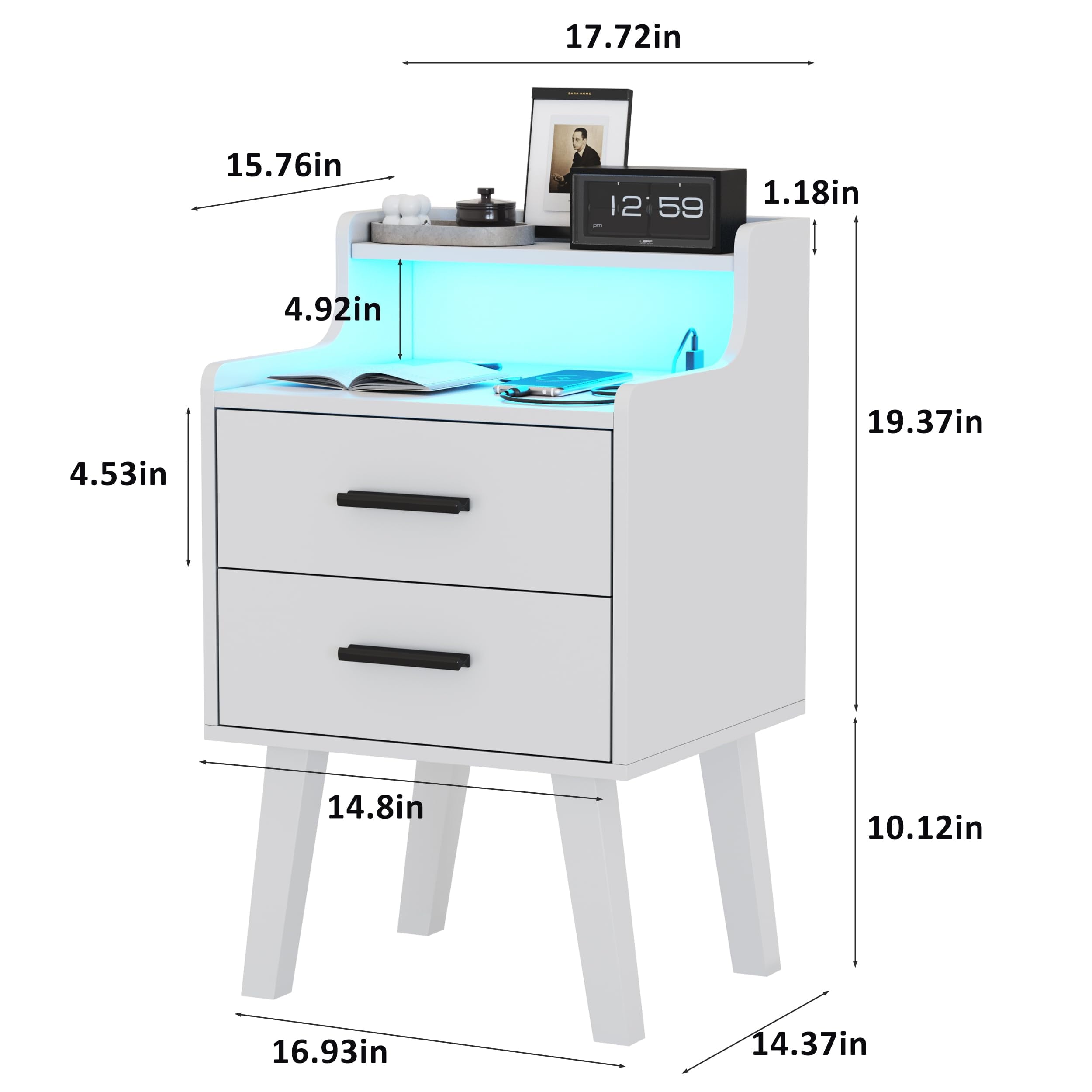 VEANERWOOD White Nightstand with Charging Station, Night Stand Set 2 with Drawers& LED Lights, Bedside Tables with Legs, Modern nightstands for Bedroom