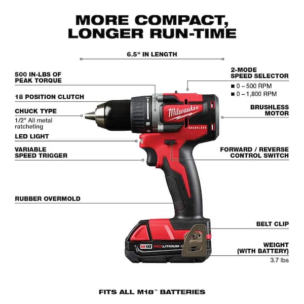 M18 18V Lithium-Ion Brushless Cordless Compact Drill/Impact Combo Kit (2-Tool) W/ SHOCKWAVEBit Set (45-Piece)