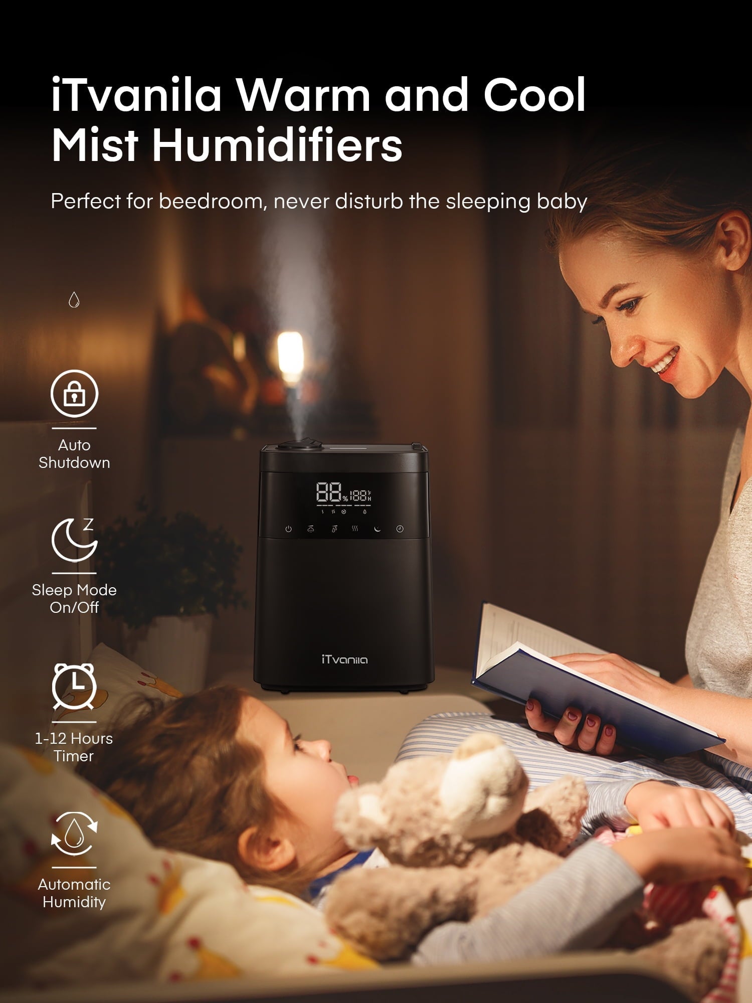 iTvanila Humidifiers, 5.5L Warm and Cool Mist Humidifier for Bedroom with Customized Humidity, Essential Tray, Sleep Mode, and 12H Timer, for Living Room, Office and Baby Room (Black)