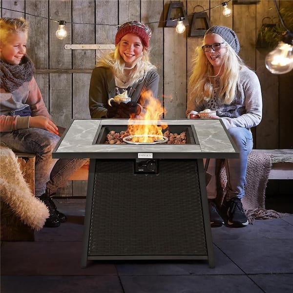 35 in. Propane Gas Fire Pit Table Patio PE Wicker Rattan w/Lava Rocks PVC Cover