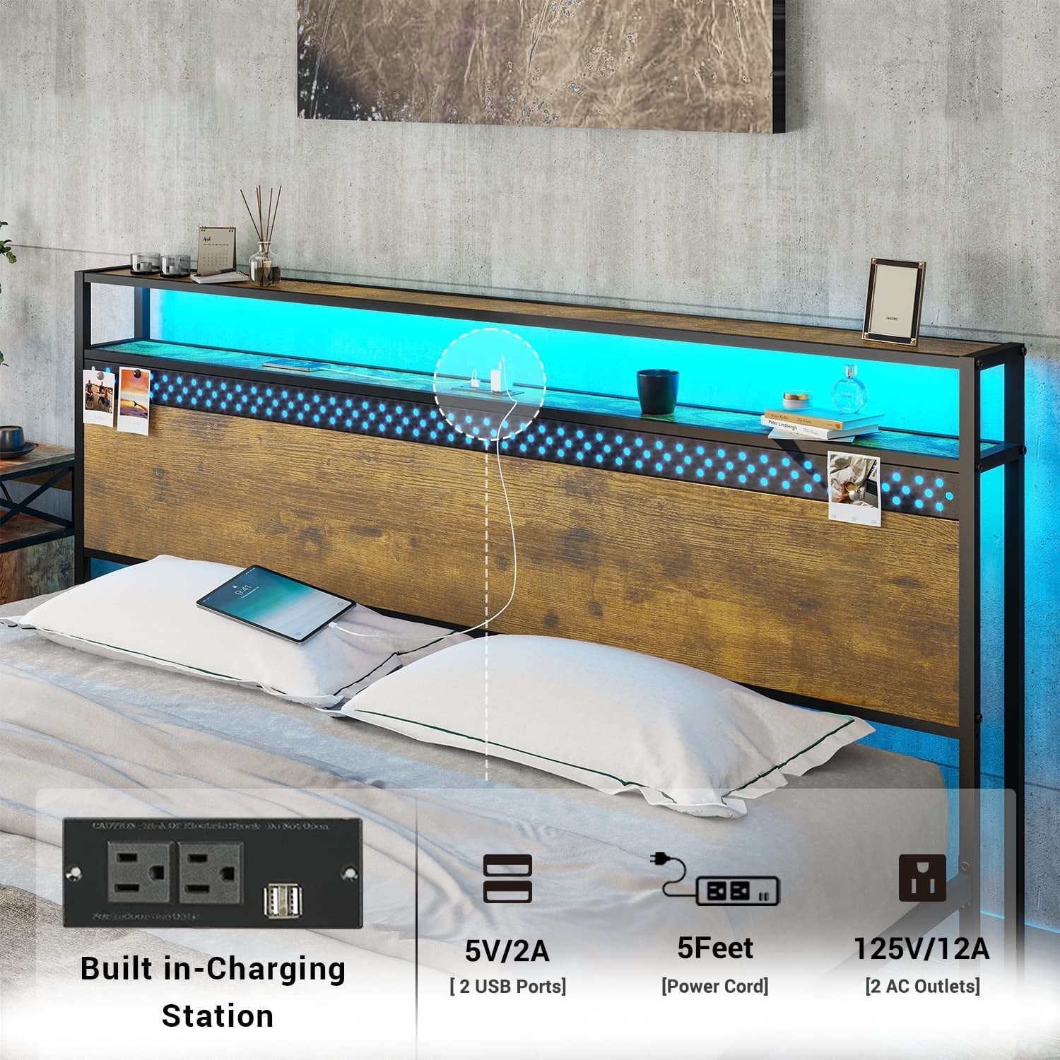 ADORNEVE LED King Bed Frame with Outlets and USB Ports, Metal Platform Bed with 2-Tier Storage Headboard and LED Lights, No Box Spring Needed, Easy Assembly, Vintage Brown