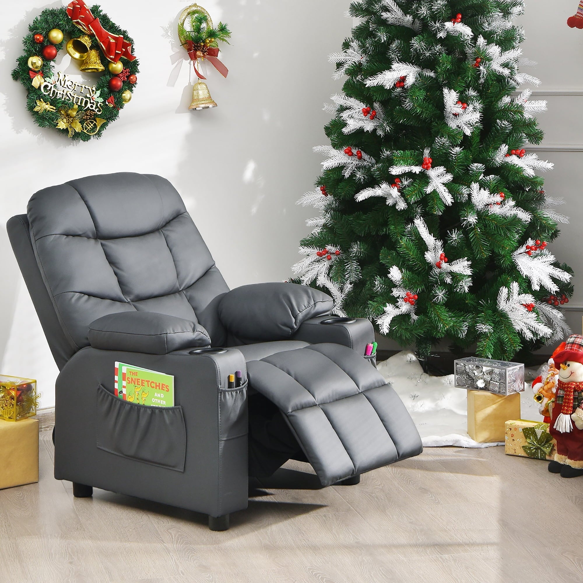 Costway Kids Youth Recliner Chair PU Leather w/Cup Holders & Side Pockets Grey