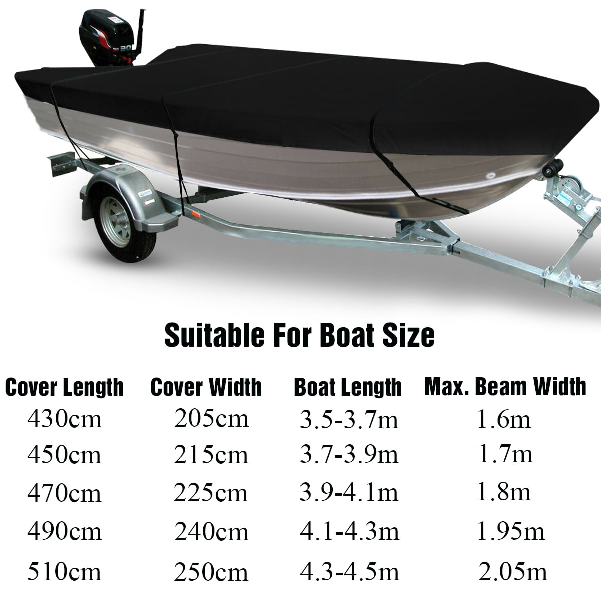 Waterproof Heavy Duty Open Boat Cover Trailerable Fishing Ski Bass Runabouts,210D Fit 11.5 - 14.7ft