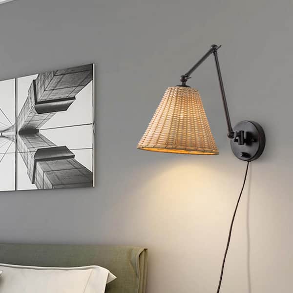 Black Woven Rattan Plug-in Swing Arm Wall Lamp with On/Off Switch