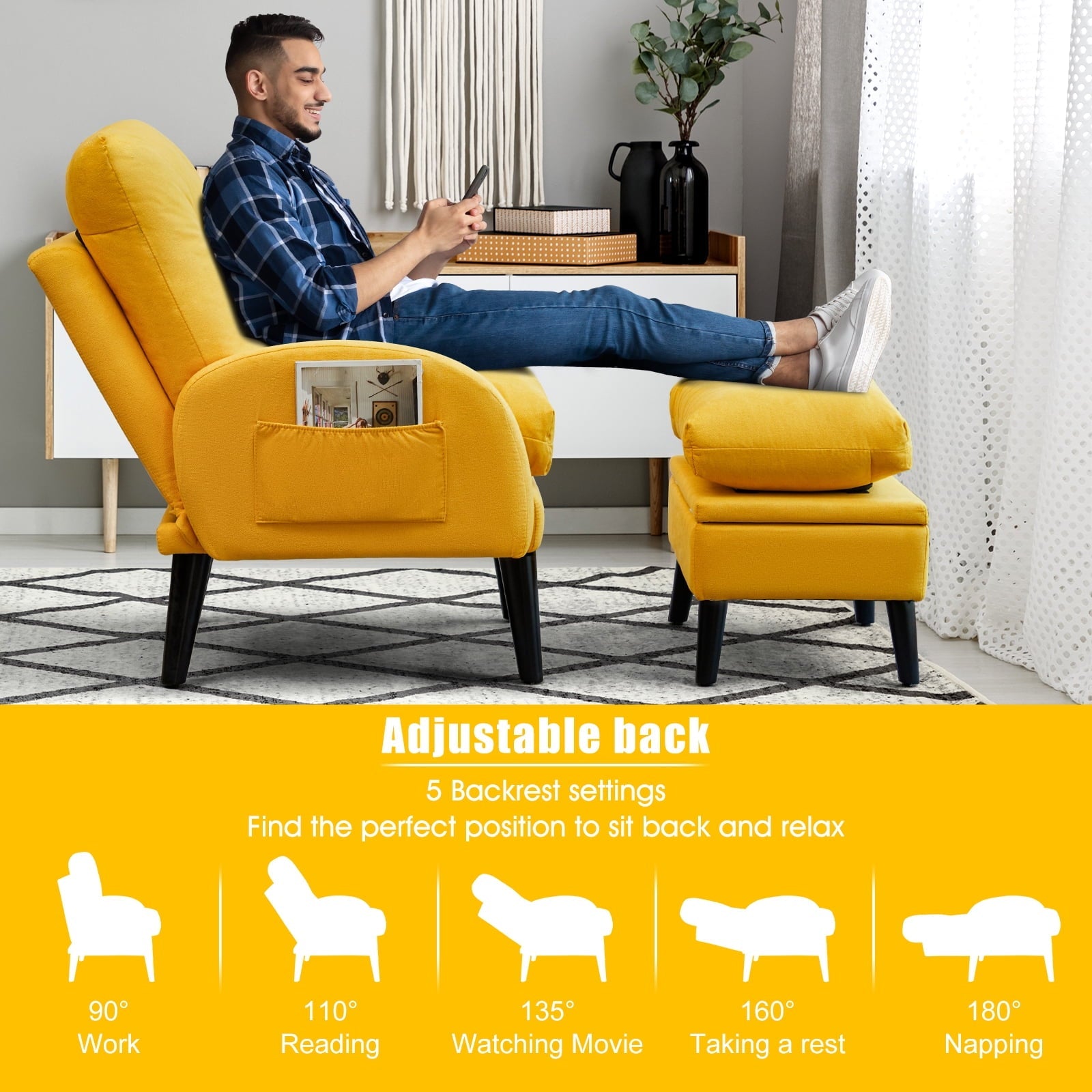 July's Song Accent Chair with Ottoman with Adjustable Backrest,Comfy Read Chair for Living Room with Side Pocket,Recliner Armchair and Ottoman for Bedroom,Yellow