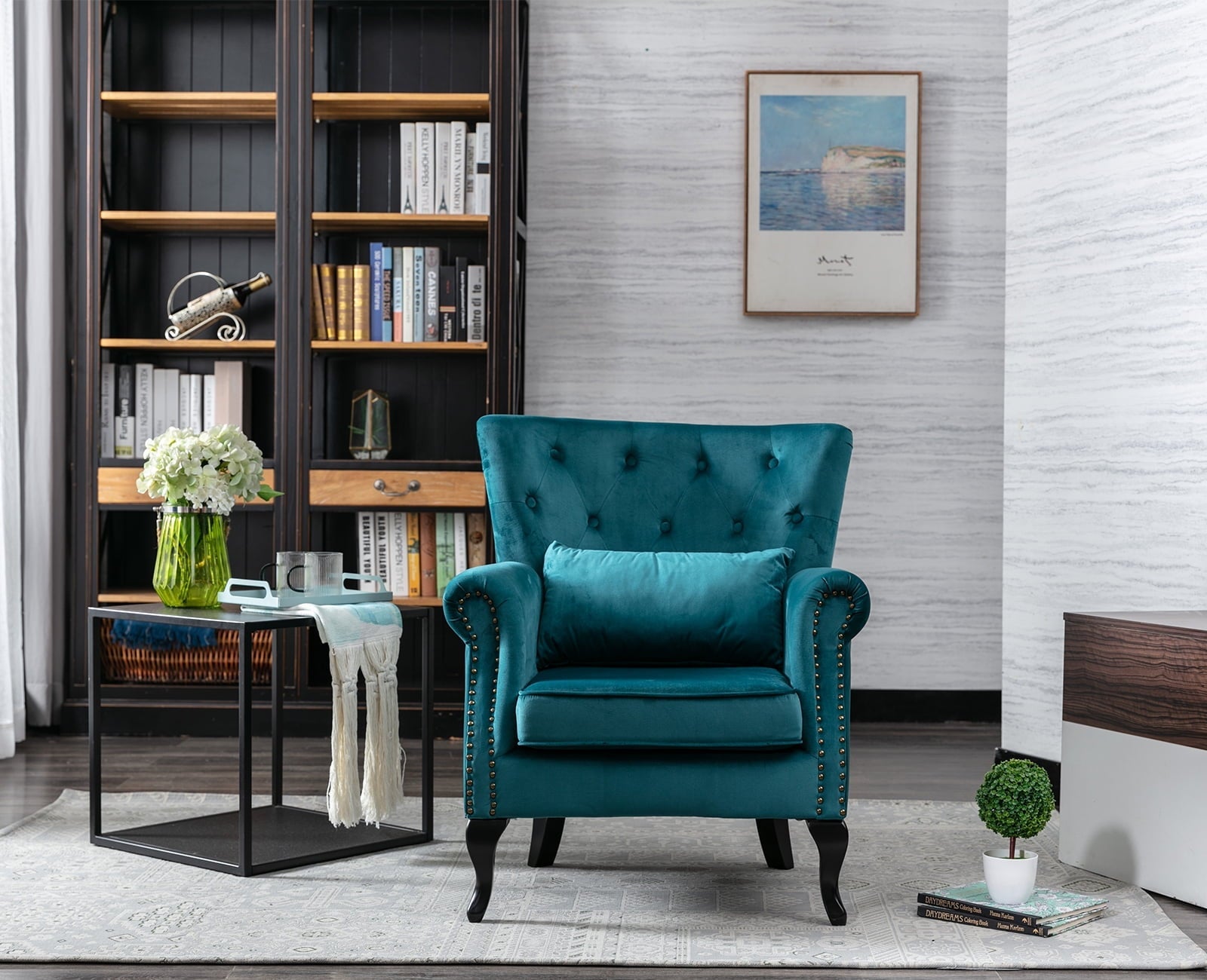 Guyou Mid Century Accent Chair Modern Button Tufted Armchair Wingback Club Chair Velvet Single Sofa Lounge Chair with Pillow for Living Room Bedroom, Teal Blue