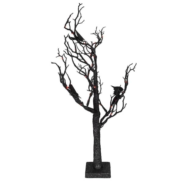 26.5 in. Black Glittered B/O LED Tabletop Halloween Tree with Bats - Orange Lights