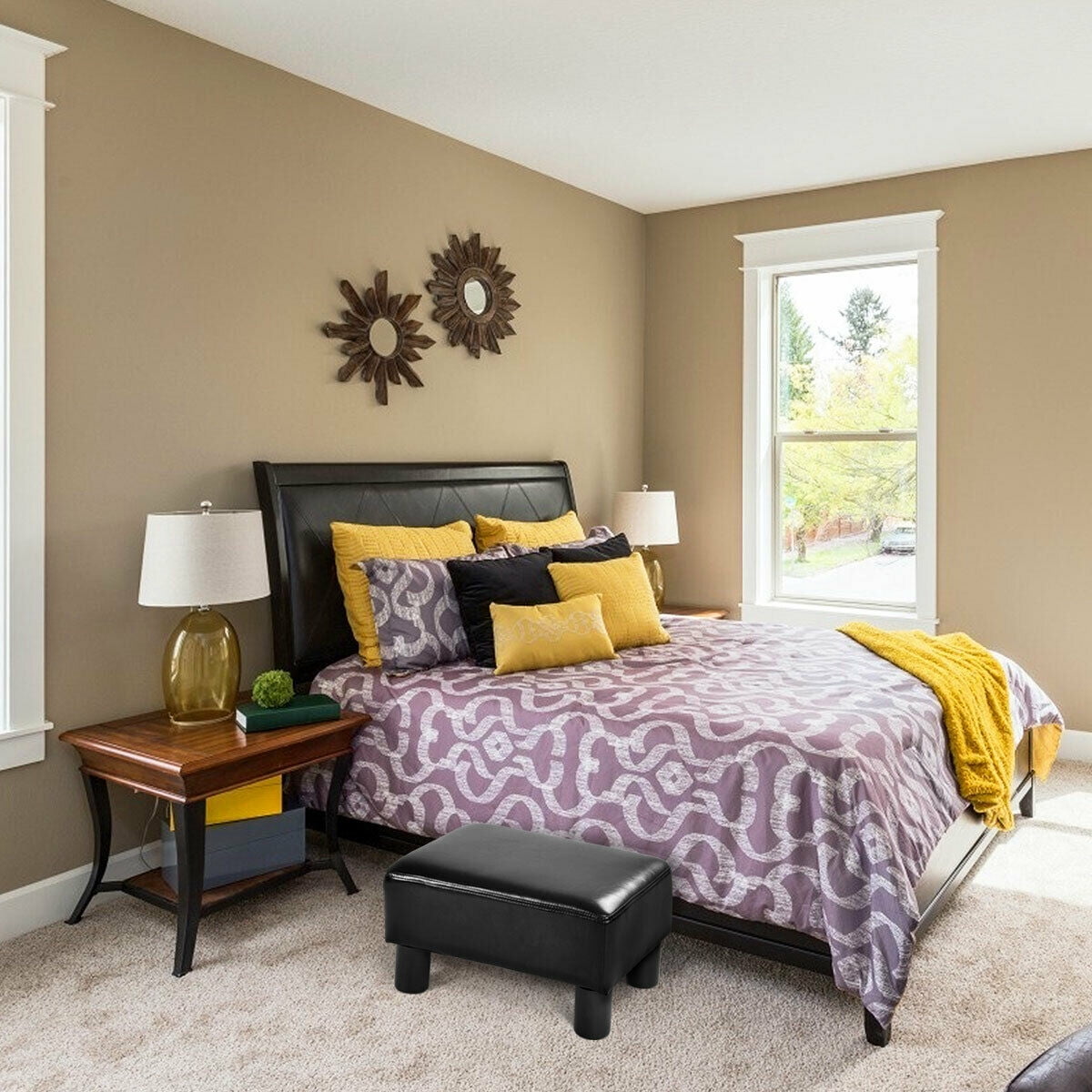 Costway Small Ottoman Footrest PU Leather Footstool Rectangular Seat Stool Black