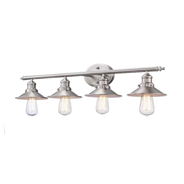 Glenhurst 34 in. 4-Light Industrial Farmhouse Brushed Nickel Bathroom Vanity Light Fixture with Metal Shades